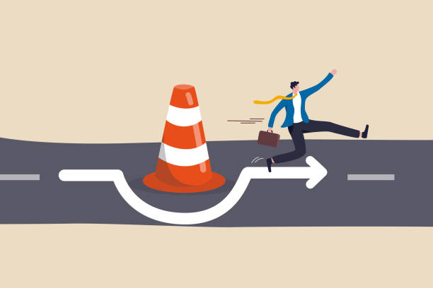 ilustrações de stock, clip art, desenhos animados e ícones de overcome business obstacle, blocker, effort to break through road block, solution to solve business problem concept, smart bravery businessman run the way around and jump pass traffic pylon roadblock. - problems adversity conquering adversity roadblock