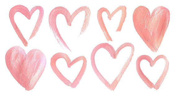 Love symbol. Set of luxurious pale pink hearts for Valentine's Day card. Beautiful textured light pink heart on a white background. Pink paint strokes.