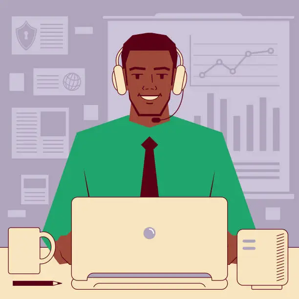 Vector illustration of Young handsome businessman with headphones working through conference calls and Web meetings or taking an online training course, e-learning and telecommuting concept