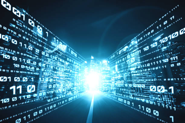istock Digital data flow on road with motion blur to create vision of fast speed transfer 1296965259