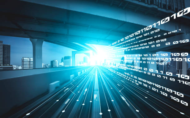 istock Digital data flow on road with motion blur to create vision of fast speed transfer 1296965806