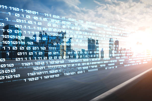 istock Digital data flow on road with motion blur to create vision of fast speed transfer 1296965825