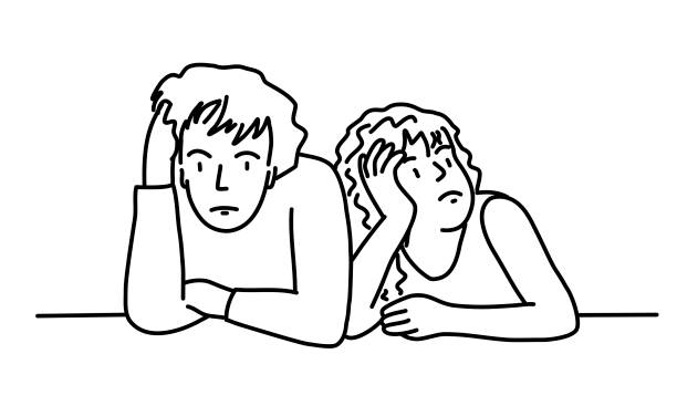 Two bored kids sitting at the table. Two bored kids sitting at the table. Vector line. bored children stock illustrations