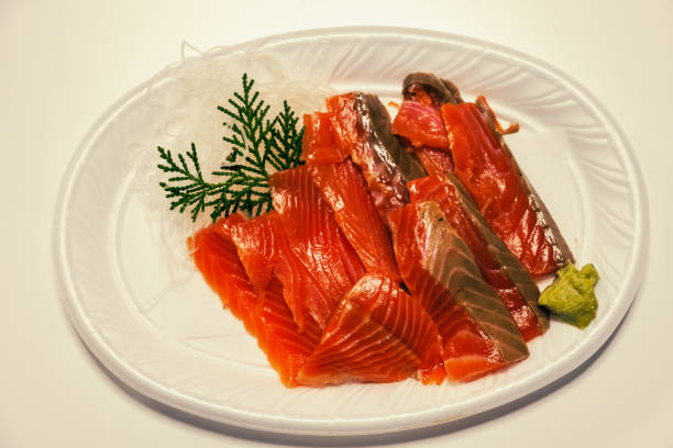 istock Assorted Japanese salmon sashimi with wasabi, overhead view 1296967054