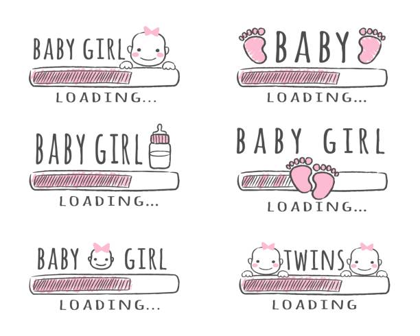 Progress bar with inscription - Baby Girl Loading collection in sketchy style. Vector illustration for t-shirt design, poster, card, baby shower decoration. Progress bar with inscription - Baby Girl Loading collection in sketchy style. Set of vector illustration for t-shirt design, poster, card, baby shower decoration. funny pregnancy announcements stock illustrations
