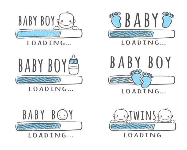 Progress bar with inscription - Baby Boy Loading collection in sketchy style. Vector illustration for t-shirt design, poster, card, baby shower decoration. Progress bar with inscription - Baby Boy Loading collection in sketchy style. Set of vector illustration for t-shirt design, poster, card, baby shower decoration. funny pregnancy announcements stock illustrations