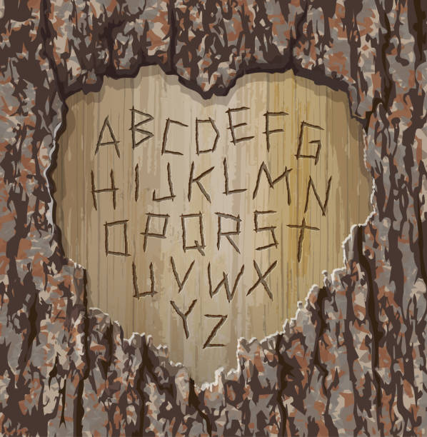 ilustraciones, imágenes clip art, dibujos animados e iconos de stock de letras del alfabeto talladas en un árbol viejo con forma de corazón cortada. - letter y alphabet wood typescript
