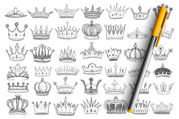 illustrazioni stock, clip art, cartoni animati e icone di tendenza di eleganti corone per il set di doodle dei re - crown nobility ornate illustration and painting