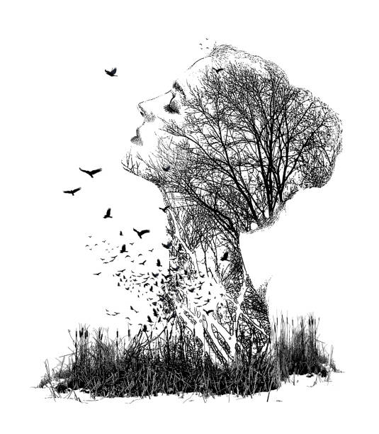 Multiple exposure of woman morphing into nature Black and white mezzotint Multiple exposure of woman morphing into nature morphing stock pictures, royalty-free photos & images