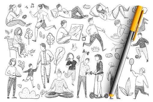 Healthy family lifestyle doodle set. Collection of hand drawn parents doing sport, meditating, playing games, walking with children isolated on transparent background. illustration of happy family