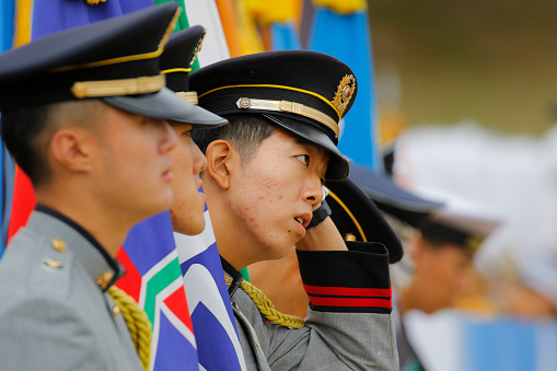 Taipei, Taiwan - July 12, 2013: Honor Guards changing shift at the Chiang Kai-Shek Memorial Hall in Taipei