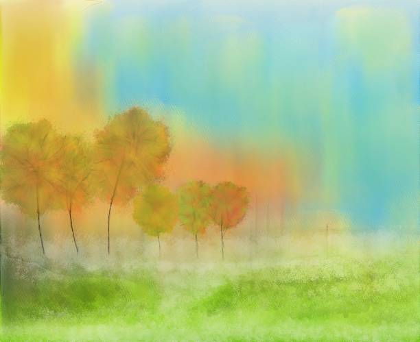 istock Autumn landscape and green meadow, watercolor drawing. 1296971419