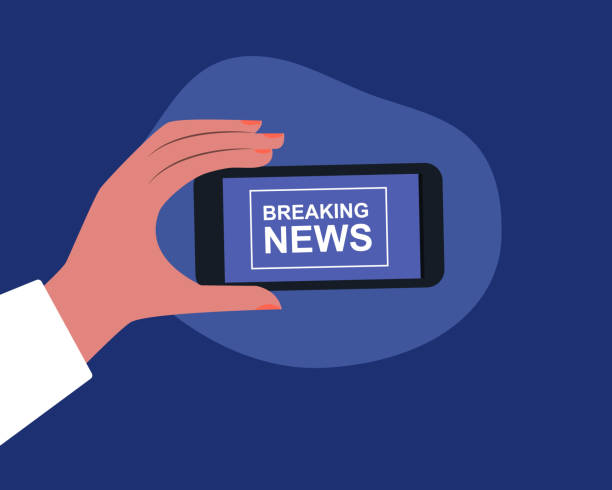 istock Hand holding phone, watching breaking news from smartphone isolated background. Modern Vector illustration cartoon flat style. 1296972460