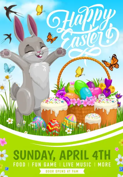 Vector illustration of Easter egg hunt party flyer with bunny and basket