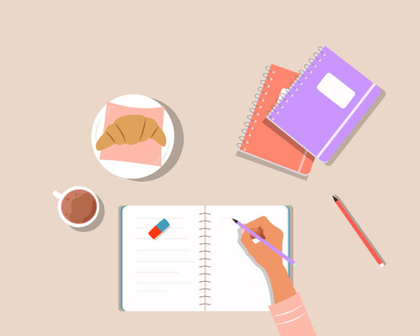 Woman hands writing in notebook or Student doing homework. Concept of writing diary, message to yourself, goals. Cozy desk with cup of tea and cookies. Flat cartoon colorful vector illustration. vector art illustration