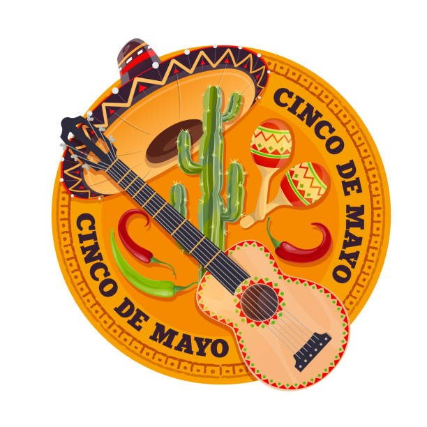Cinco de mayo fiesta holiday, may party in Mexico Cinco de mayo fiesta holiday, happy May party celebration in Mexico, vector. Cinco de Mayo Mexican holiday fiesta sombrero hat and maracas, guitar, chili peppers and cactus, traditional celebration guitar borders stock illustrations