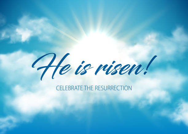 He is risen, Easter holiday vector sky He is risen Easter holiday vector lettering on sky, clouds and shining sun. Christian religious card for Easter celebration. Heaven and white realistic clouds. Jesus Christ resurrection poster resurrection sunday stock illustrations