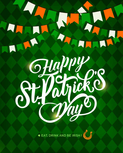 St. Patricks Day greeting card with horseshoe St. Patrick Day holiday vector greeting card, lettering and horseshoe. Red, green and white irish color flags garland on checkered background. Saint Patricks Irish festival, celtic party invitation st. patricks day stock illustrations