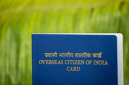 View of Overseas Citizen of India Card issued to non resident Indians. Travel document,