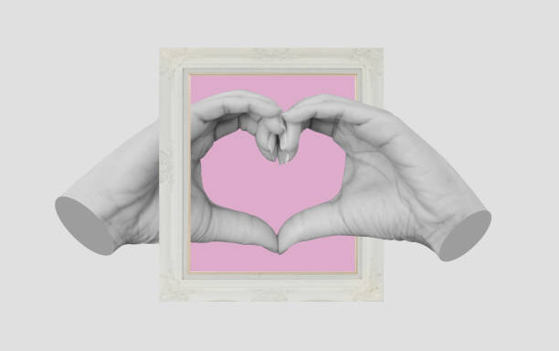 Digital collage modern art, Hands making Heart symbol, with retro picture frame
