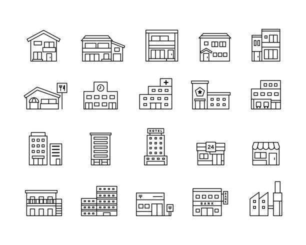 建物のアイコンのセット。住宅、レストラン、学校、病院、警察署、消防署、ビル、マンション、ホテル、コンビニエンスストア、工場などがある - corporate buildings点のイラスト素材／クリップアート素材／マンガ素材／アイコン素材