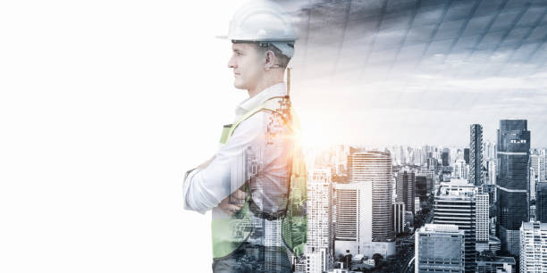 istock Infrastructure Construction Building and Engineering Futuristic Concept, Double Exposure of Construction Engineer With Modern Architecture City Skyscraper. Future Building Service and Architect Work 1296976680