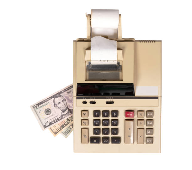 istock Old fashioned calculator dollars, isolated on white 1296978862