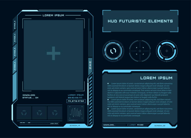 illustrazioni stock, clip art, cartoni animati e icone di tendenza di touch screen futuristico dell'interfaccia utente. moderno pannello di controllo hud. schermo high tech per videogiochi. concept design fantascientifico. illustrazione vettoriale. - equipment computer digitally generated image digital tablet