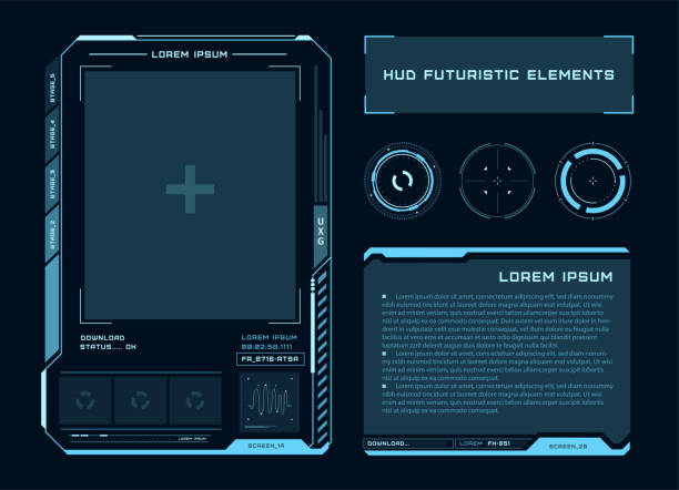 Futuristic touch screen of user interface. Modern HUD control panel. High tech screen for video game. Sci-fi concept design. Vector illustration. Futuristic touch screen of user interface. Modern HUD control panel. High tech screen for video game. Sci-fi concept design. Vector illustration. digital viewfinder stock illustrations