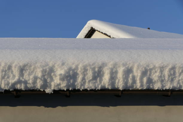 hermosos techos de casas cubiertas de nieve - thick snow fotografías e imágenes de stock