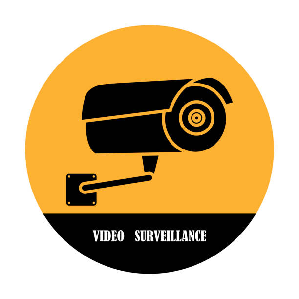 ilustrações, clipart, desenhos animados e ícones de vídeo de vigilância em fundo amarelo. ícone de aviso de perigo. símbolo de proteção. imagem de estoque. eps 10. - security security system security staff control