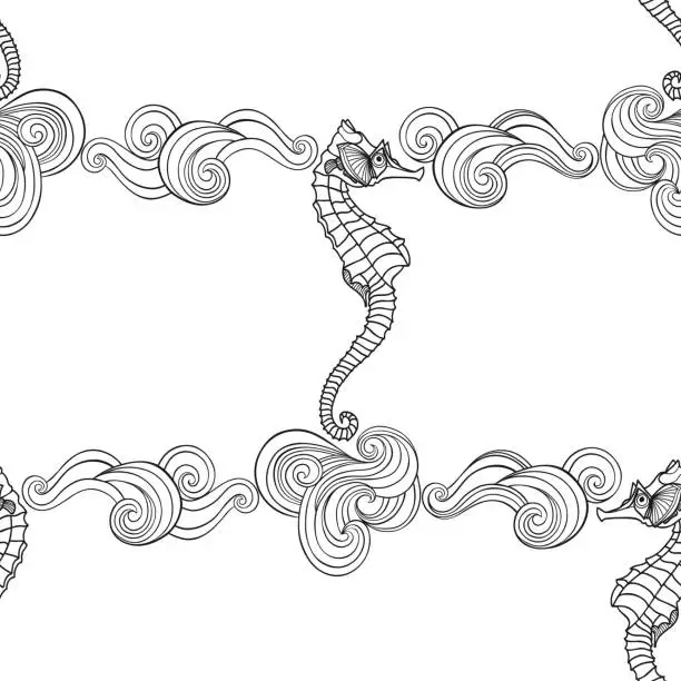 Vector illustration of Seamless pattern on the marine theme with seahorses and waves. Black outline on white. Vector. Perfect for design templates, wallpaper, wrapping, fabric and textile.