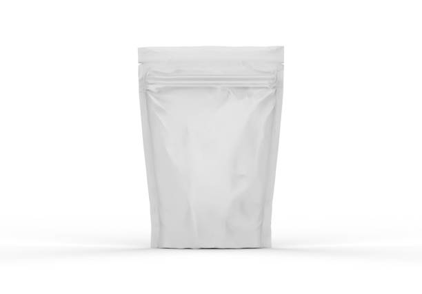 흰색 빈 호일 식품 도이 팩은 지퍼와 파우치 가방 포장을 서, 고립 된 흰색 배경에 모형 템플릿, 3d 일러스트 - packaging bag blank plastic 뉴스 사진 이미지