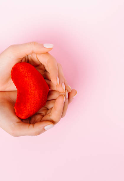 istock Female hands with a red plush heart on a pink background with empty side space. 1296989504