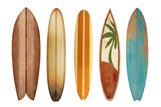 vintage wooden surfboard Collection vintage wooden surfboard isolated on white with clipping path for object, retro styles. surfboard stock pictures, royalty-free photos & images