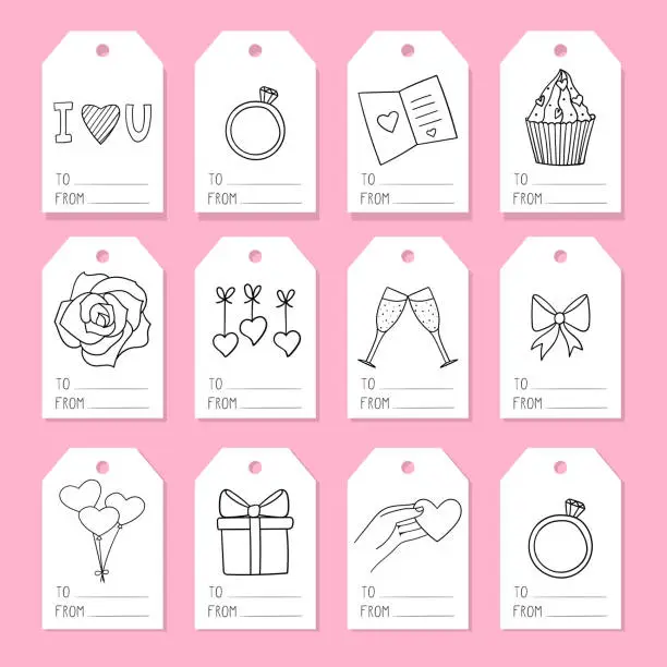 Vector illustration of A set of tags for gift wrapping with elements on the theme of Valentine's Day. Doodle-style illustrations are hand-drawn. Black and white vector illustration, isolated on a white background.