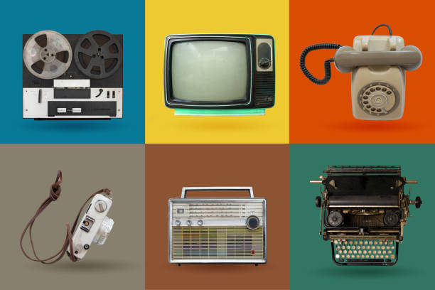 Retro electronics set. Retro electronics set. Nostalgic collectibles from the past 1980s - 1990s. objects isolated on retro color palette with clipping path. photographic film camera stock pictures, royalty-free photos & images