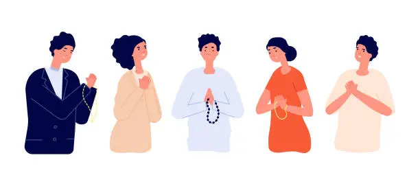 Vector illustration of People pray. Say please, apologize man woman. Cartoon praying young persons with hopeful sad expressions folded hands utter vector concept