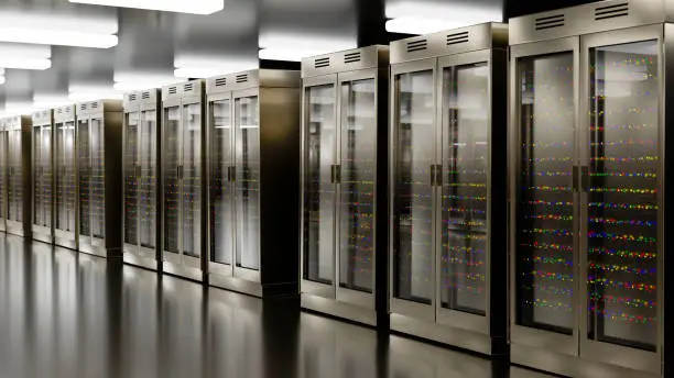 Server racks in server room cloud data center. Datacenter hardware cluster. Backup, hosting, mainframe, mining, farm and computer rack with storage information. 3D rendering. 3D illustration