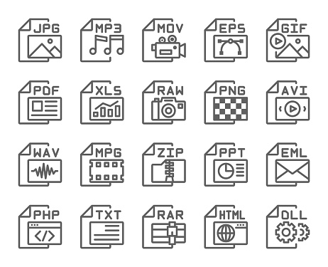 File format type outline icons set . Editable stroke . 48 x 48 pixel perfect .