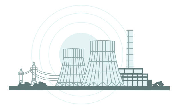 Cooling tower producing energy,Vector Illustration, Banner Cooling tower producing energy to generate electricity heating using steam. Thermal Power Station, Nuclear Plant, Nuclear Reactor and Power Lines, Vector Illustration, Banner thermal expansion stock illustrations