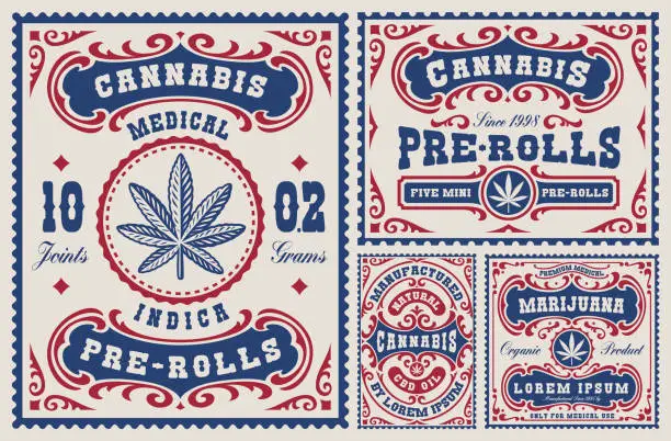 Vector illustration of a set of vintage labels and badges for a cannabis theme