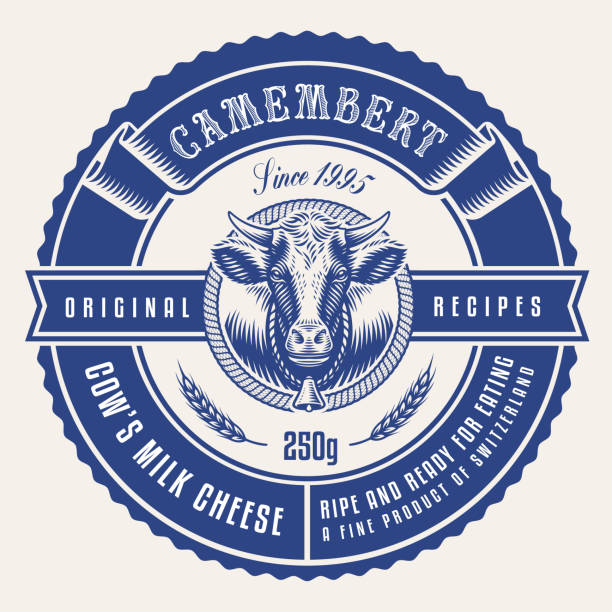 a round cheese label in vintage style a round cheese label in vintage style, this design is editable and can be used as well as a label for a milk package or as a logo for a butcher shop insignia healthy eating gold nature stock illustrations