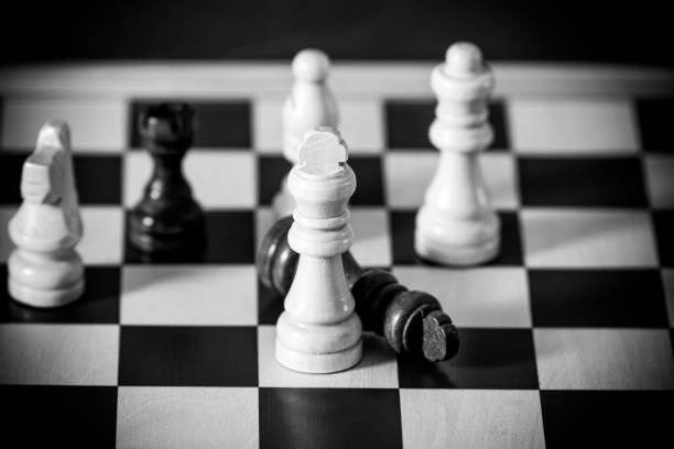 Victorious queen traps defeated king in a chess game.