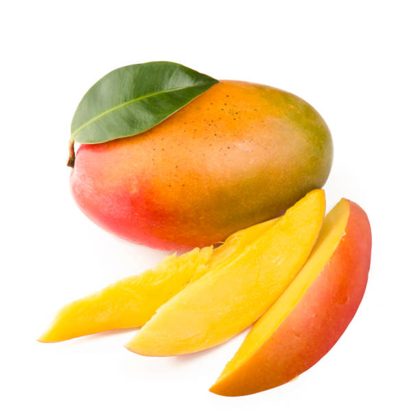 istock mango slice with green leaves isolated on white background. top view 1296995029