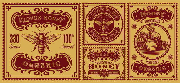 a bundle of vintage honey labels a bundle of vintage honey labels, these design can be used as packages for different honey products insignia healthy eating gold nature stock illustrations