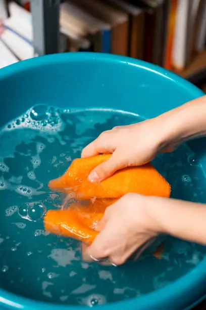 Vertical photo of some womans hands are washing a cleaning cloth in a washbowl.