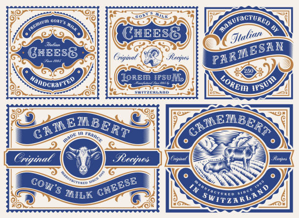 a set of vintage editable cheese labels a set of vintage editable cheese labels, all elements are in separate groups and editable. insignia healthy eating gold nature stock illustrations