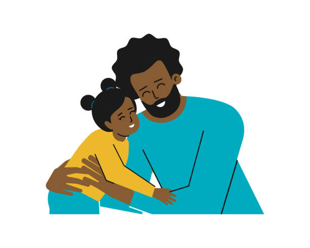 漫画のキャラクターの肖像画を持つベクター分離イラスト。アフリカ系アメリカ人の若い父親は彼の小さな娘を抱きしめる。パパと女の赤ちゃんは笑顔で一緒に幸せです - family cartoon child little girls点のイラスト素材／クリップアート素材／マンガ素材／アイコン素材