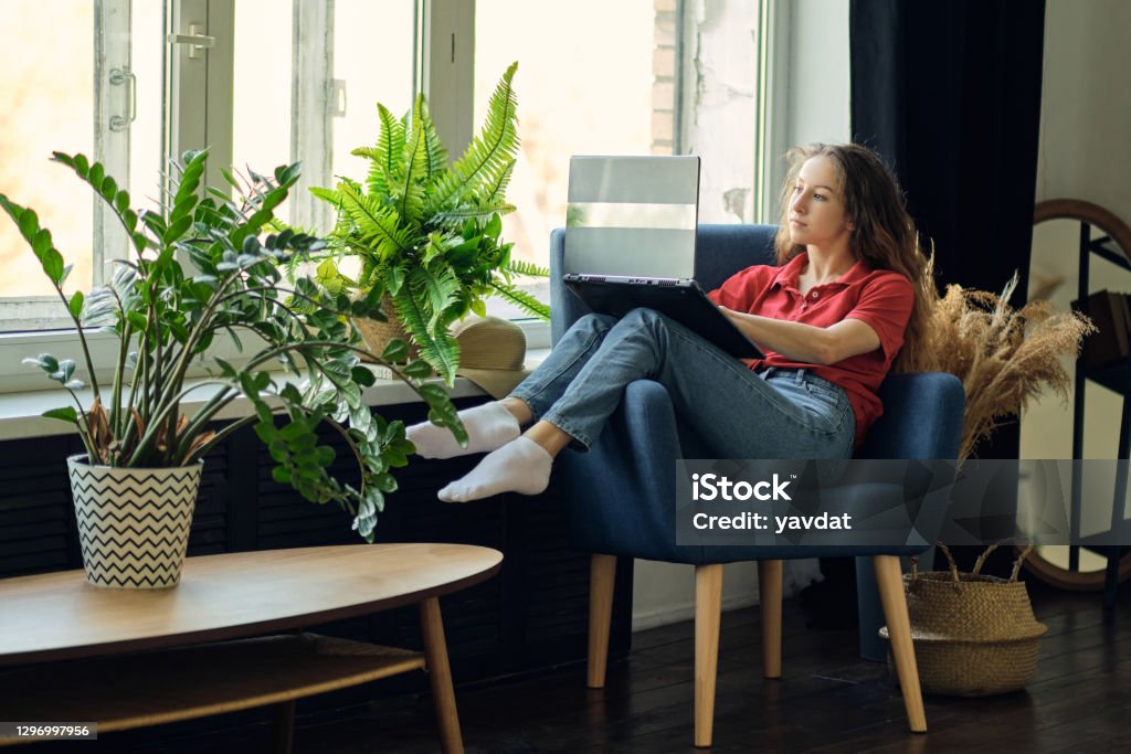 Young female using laptop after work, communicates on Internet with customer. Happy freelance woman is relaxing on comfortable couch and using laptop at home Adult Stock Photo